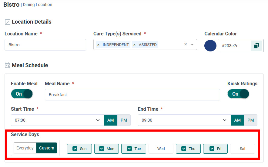 Form for scheduling meal services at a Bistro, including location details, meal name, start and end times, and service days options.